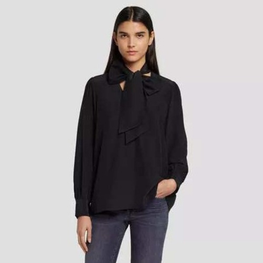 7 For All Mankind Black Satin Tie Neck‎ Blouse Womens XS